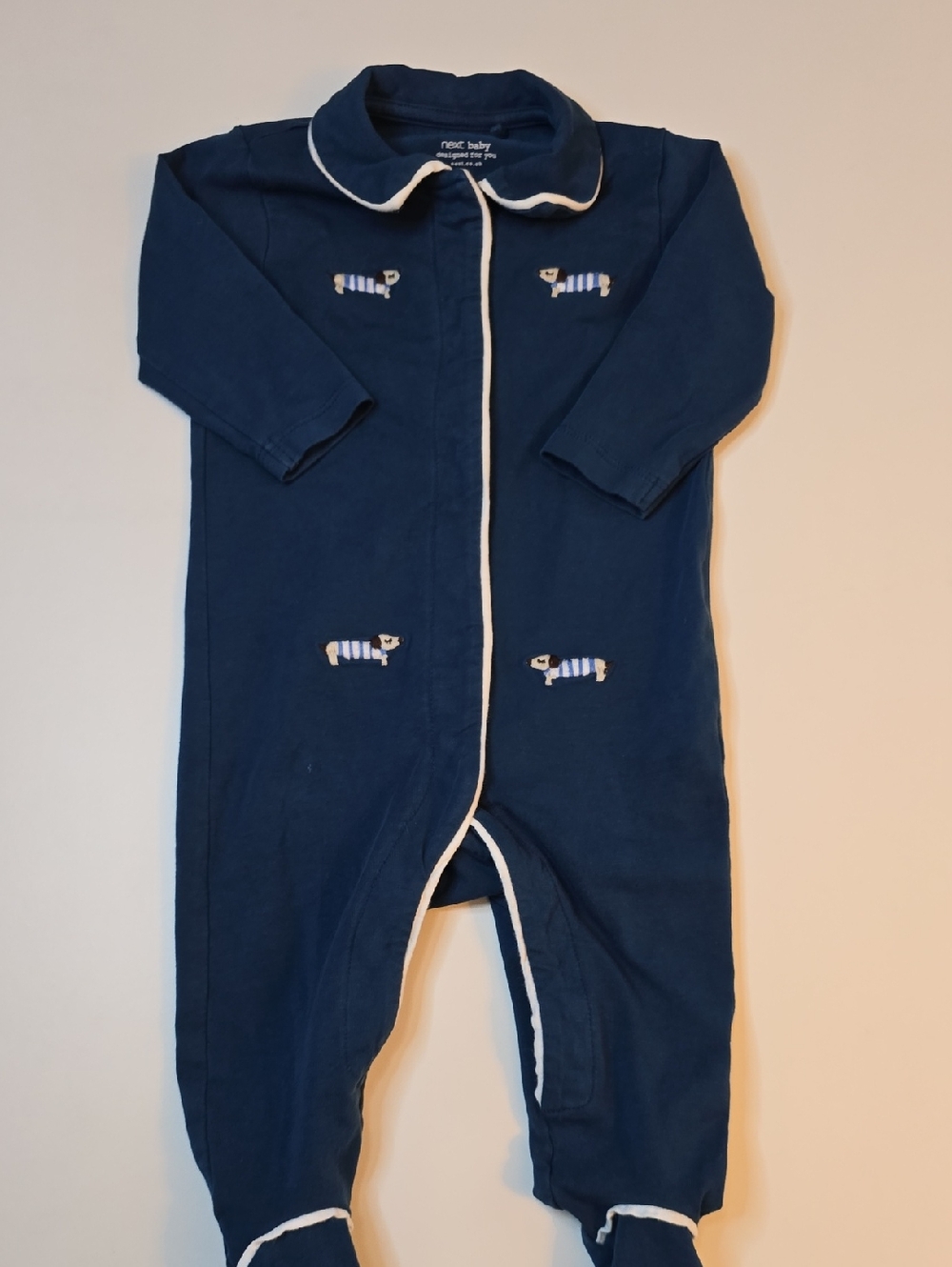 Next Navy Baby One-Piece Footed Pajamas with Dog Embroidery